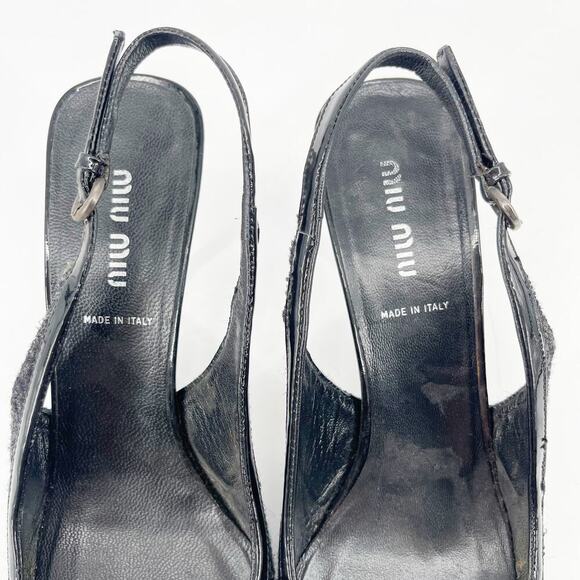 Miu Miu Vintage Charcoal Wool Black Cap Toe Floral Applique Slingback Heel IT 38 - Picture 7 of 13
